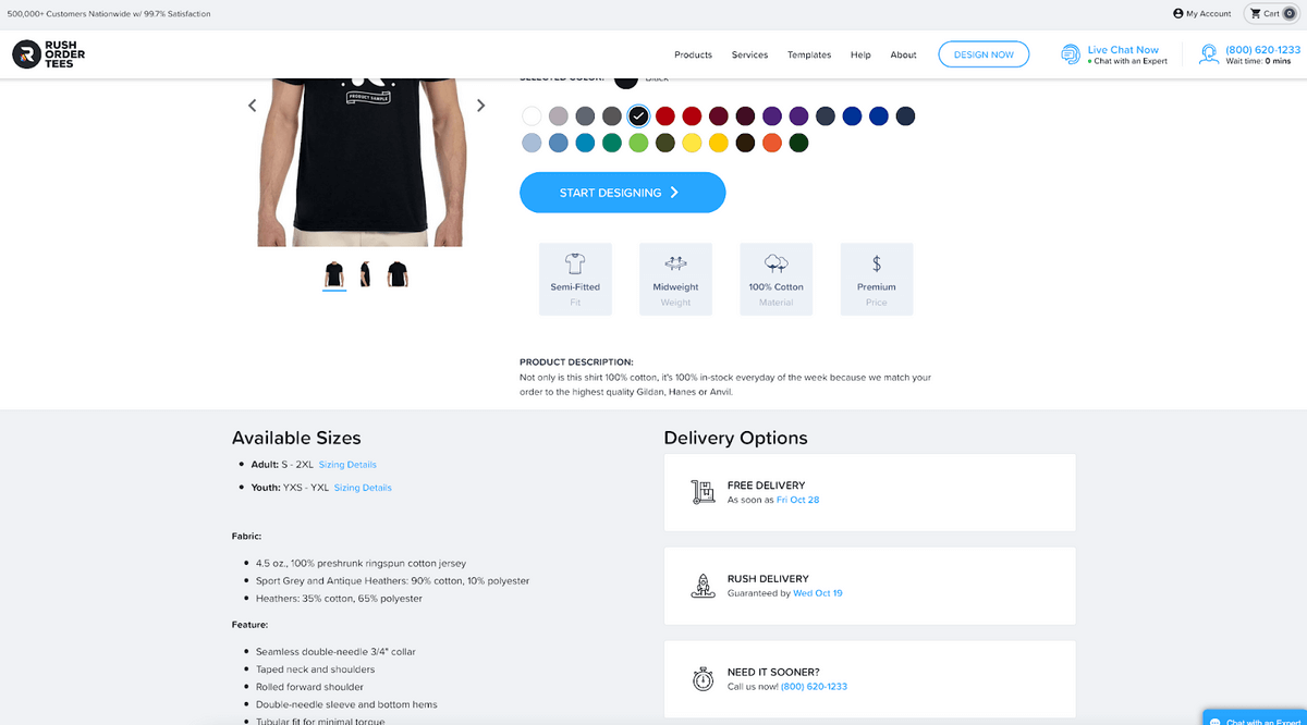 product page of Rush Order Tees showing multiple delivery options and delivery dates depending on the need of the customer